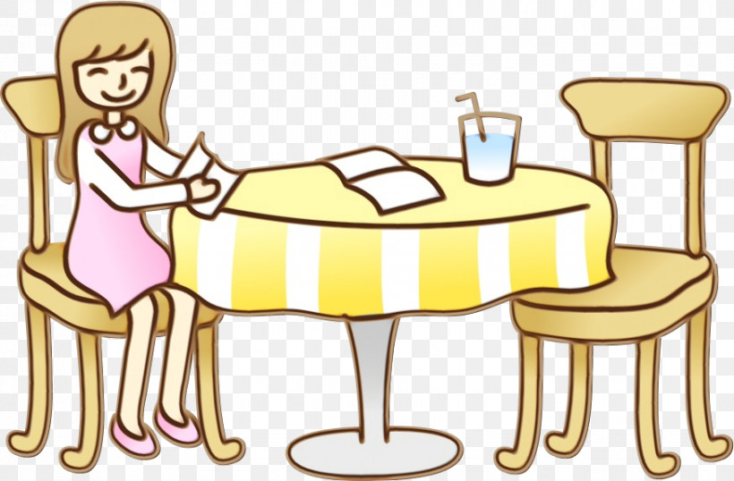 Table Cartoon Conversation Yellow Text, PNG, 876x575px, Watercolor, Cartoon, Chair, Conversation, Joint Download Free