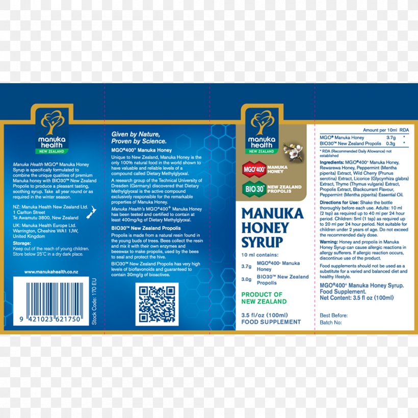 Mānuka Honey Syrup New Zealand Propolis, PNG, 1000x1000px, Honey, Advertising, Brand, Brochure, Magnesium Oxide Download Free