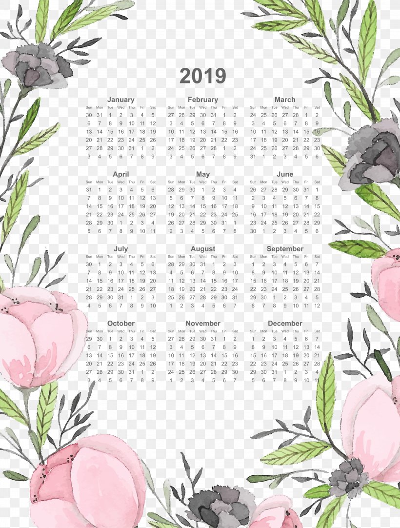 2019 Calendar Full Page With Watercolor Flowers.pn, PNG, 3053x4031px, Borders And Frames, Calendar, Convite, Decorative Arts, Flora Download Free
