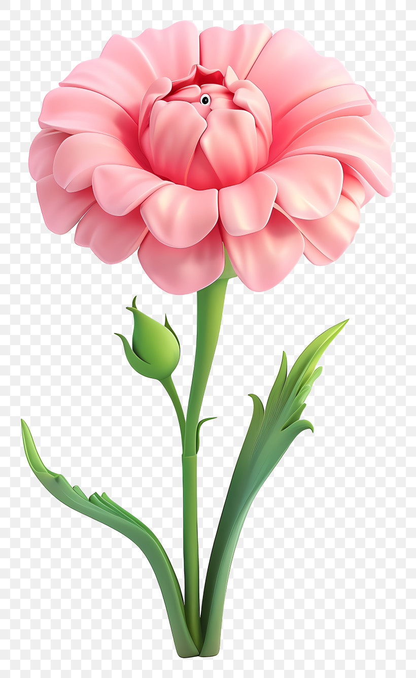 3d Cartoon Flowers - Pink Flower Bloom With Green Stem PNG