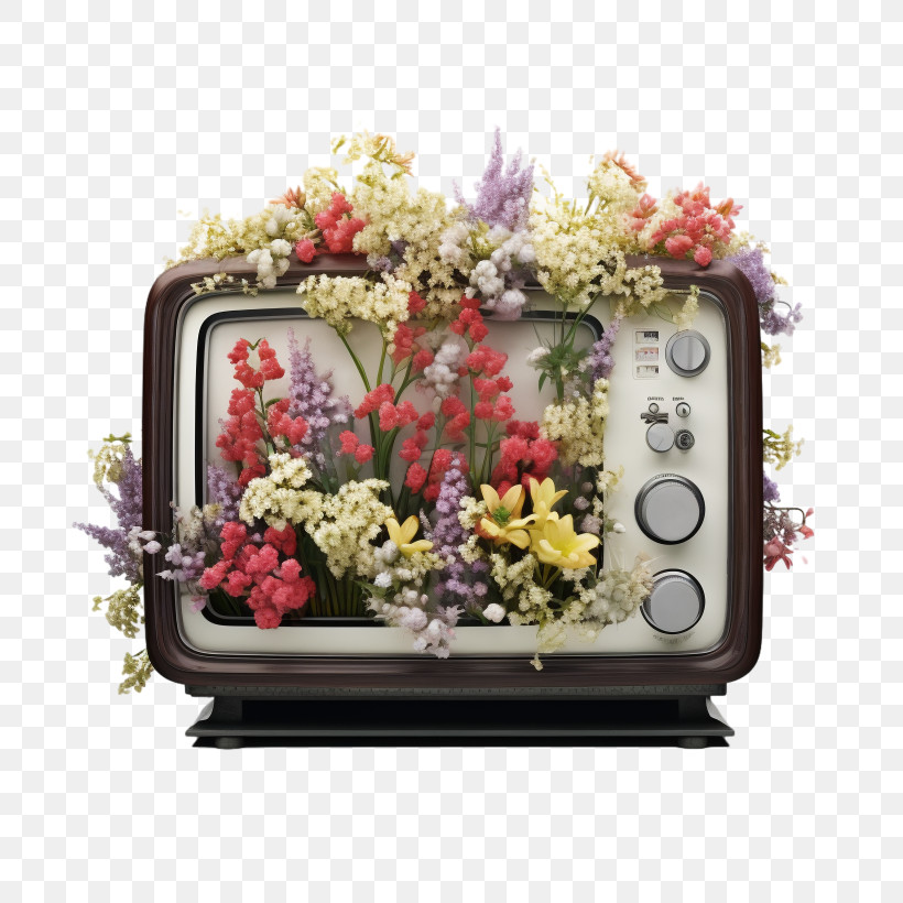 Old Tv - Vintage TV With Blooming Flowers PNG