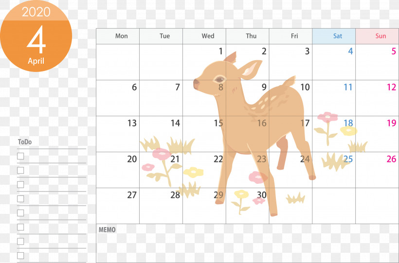 April 2020 Calendar April Calendar 2020 Calendar, PNG, 3000x1982px, 2020 Calendar, April 2020 Calendar, April Calendar, Deer, Fawn Download Free
