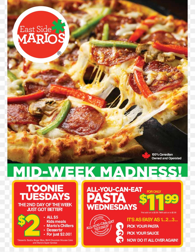 Pizza East Side Mario's Pasta Vegetarian Cuisine Menu, PNG, 2550x3300px, Pizza, Advertising, American Food, Appetizer, Chef Download Free