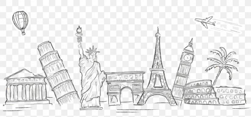 Statue Of Liberty Eiffel Tower Leaning Tower Of Pisa, PNG, 1500x704px, Statue Of Liberty, Architecture, Black And White, Brand, Building Download Free