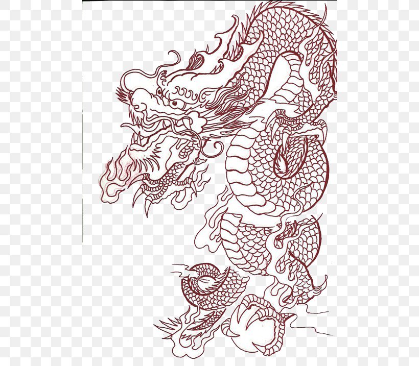 Black And White Tattoo Chinese Dragon Line Art Clip Art, PNG, 500x717px, Watercolor, Cartoon, Flower, Frame, Heart Download Free