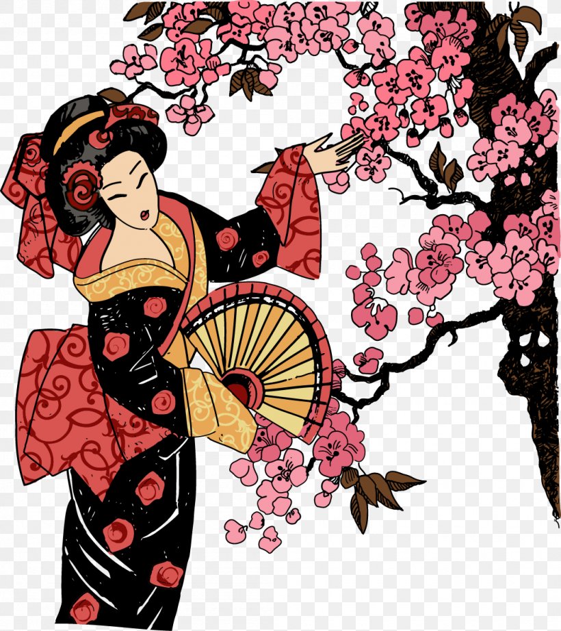 Japanese Garden Design Geisha Illustration, PNG, 1050x1181px, Japan, Art, Cartoon, Cherry Blossom, Drawing Download Free