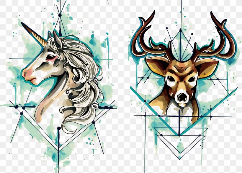 Deer Unicorn Watercolor Painting, PNG, 1500x1069px, Deer, Antler, Art, Color, Drawing Download Free