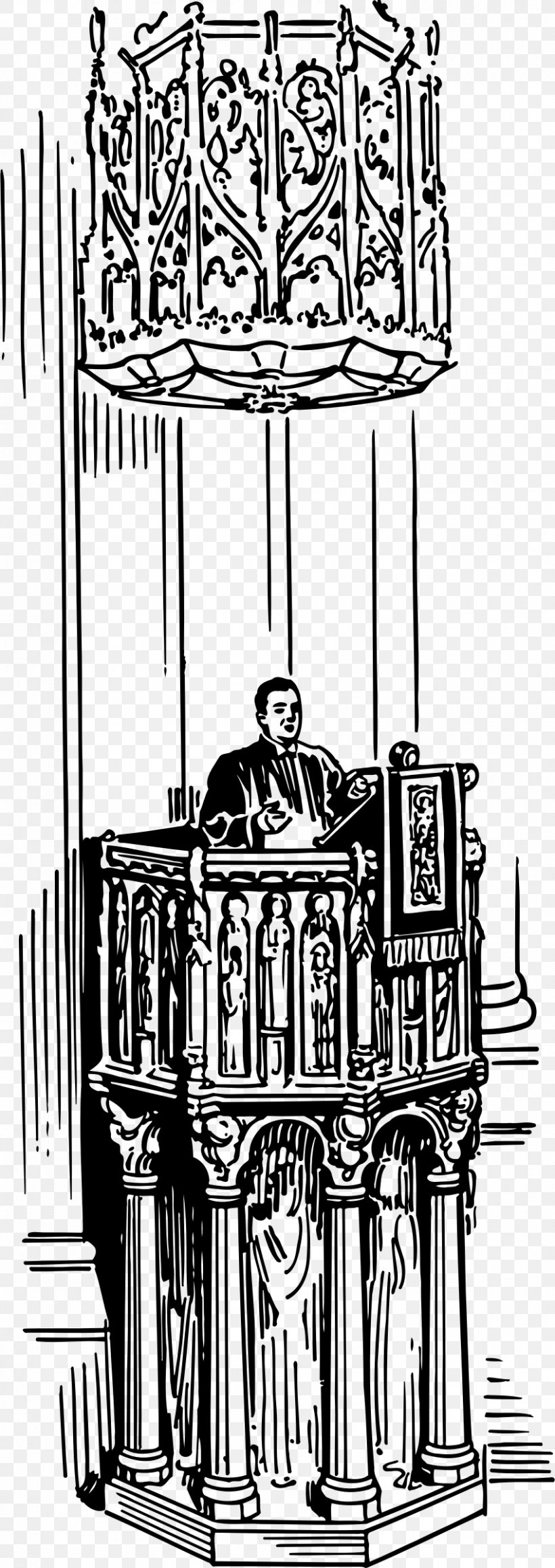Pulpit Preacher Church Clergy Clip Art, PNG, 850x2400px, Pulpit, Arch, Black And White, Christian Church, Christianity Download Free
