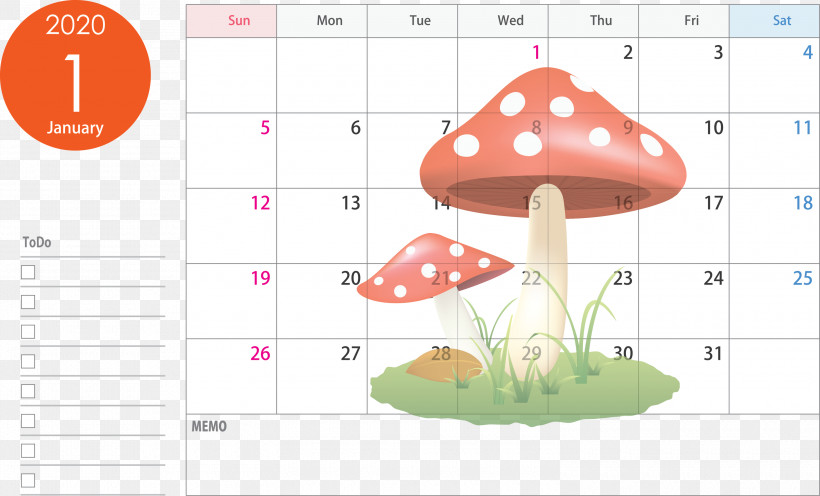 January 2020 Calendar January Calendar 2020 Calendar, PNG, 3000x1818px, 2020 Calendar, January 2020 Calendar, Agaric, January Calendar, Mushroom Download Free