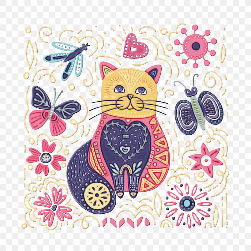 Cat Pink Pattern Yellow Small To Medium-sized Cats, PNG, 1000x1000px, Watercolor, Cat, Kitten, Paint, Pink Download Free