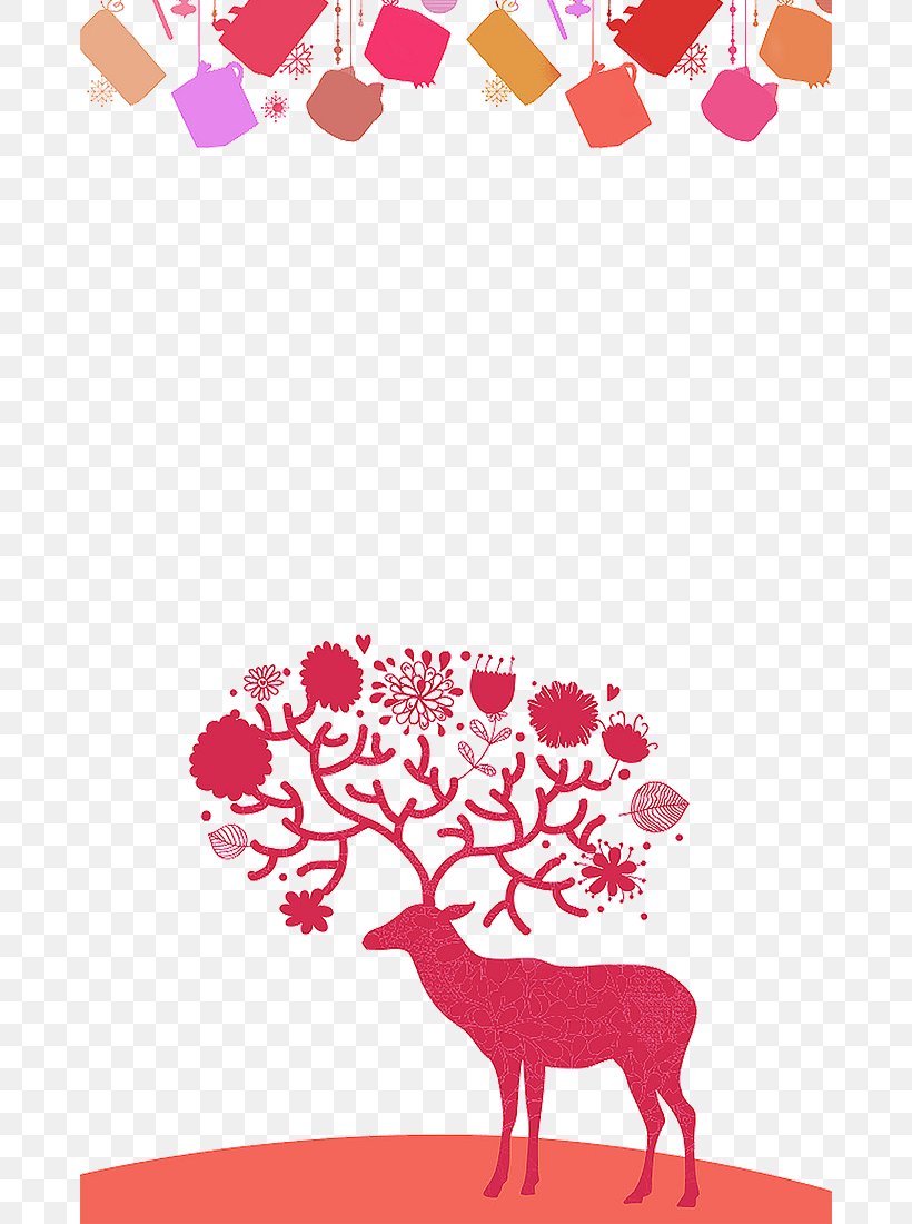 Red Deer Elk Christmas Poster, PNG, 676x1100px, Watercolor, Cartoon, Flower, Frame, Heart Download Free