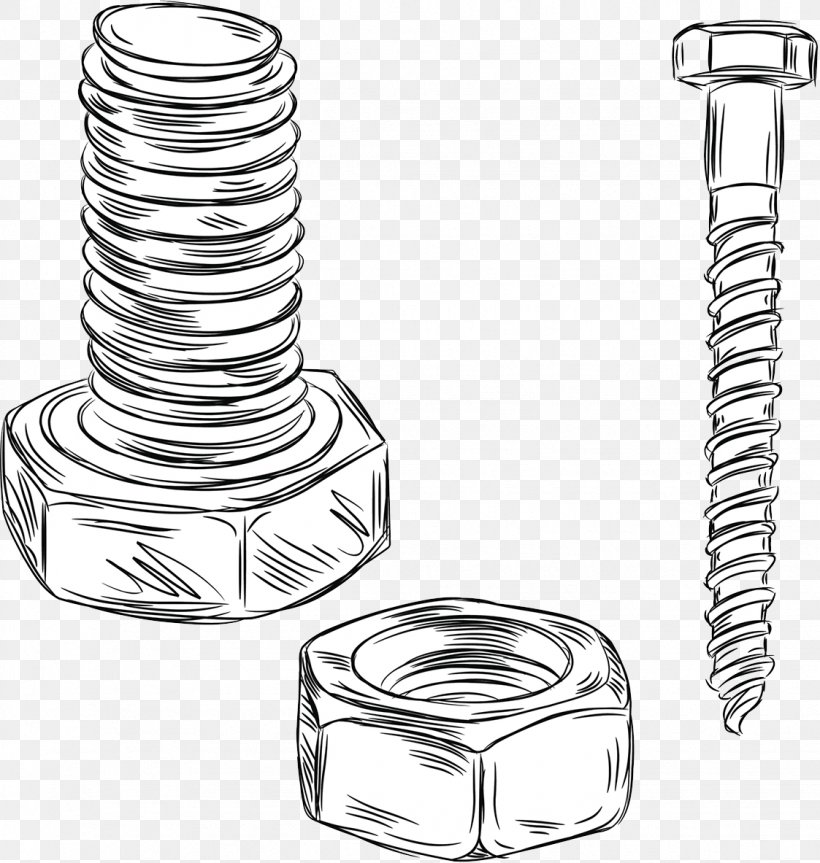 Bolt Drawing Nut Screw Illustration, PNG, 1123x1183px, Bolt, Art, Bathroom Accessory, Black And White, Cartoon Download Free