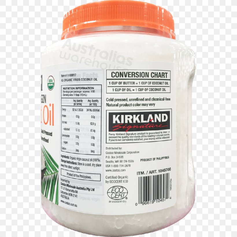 Kirkland Organic Food Coconut Oil, PNG, 1000x1000px, Kirkland, Baking, Canola, Coconut, Coconut Oil Download Free