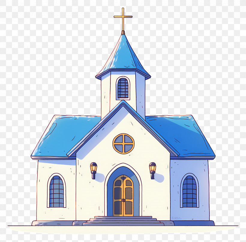 Church Building - Charming Church Building With Blue Roof Illustration PNG