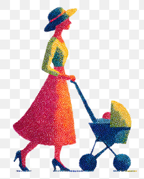 Woman Holding Stroller - Colorful Woman With Stroller Silhouette PNG