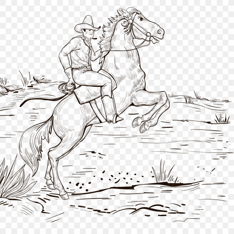 Horse Cowboy Drawing Mexican Cuisine Sketch, PNG, 1000x1000px, Horse, Art, Artwork, Black And White, Bridle Download Free