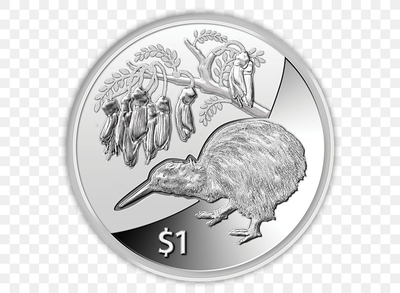 Silver Coin New Zealand Silver Coin Bullion Coin, PNG, 600x600px, Silver, Beak, Bird, Black And White, Bullion Download Free