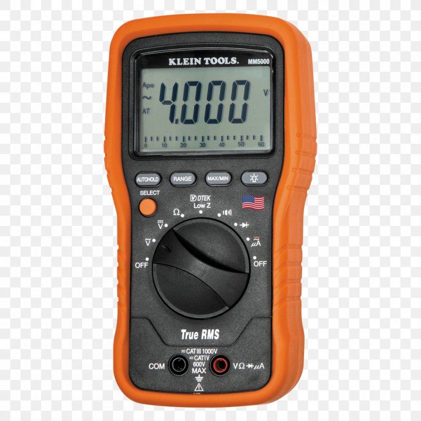 Multimeter True RMS Converter Klein Tools Electricity Electrician, PNG, 1000x1000px, Multimeter, Alternating Current, Digital Multimeter, Direct Current, Electrician Download Free