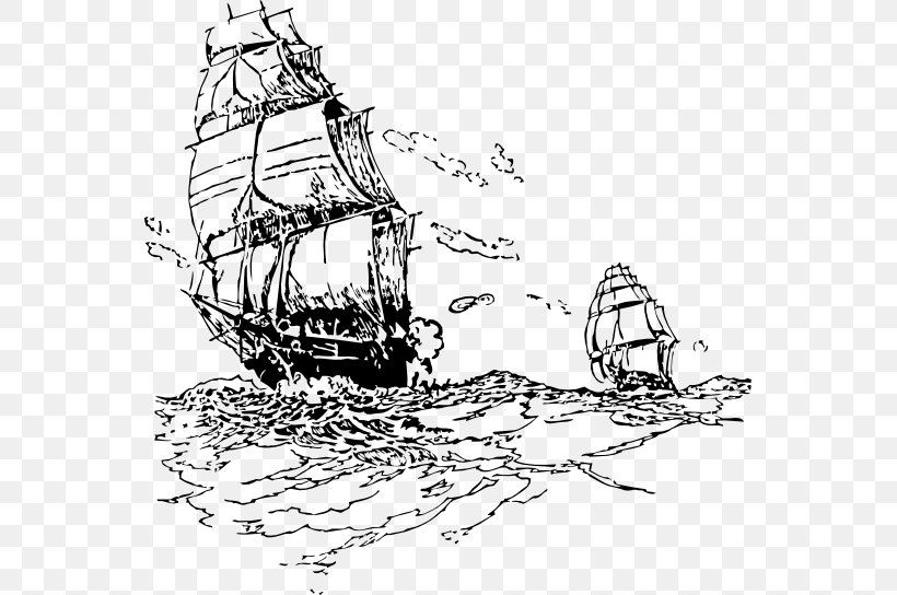 Sailing Ship Sailor Piracy Clip Art, PNG, 555x544px, Sailing Ship, Artwork, Barque, Black And White, Boat Download Free