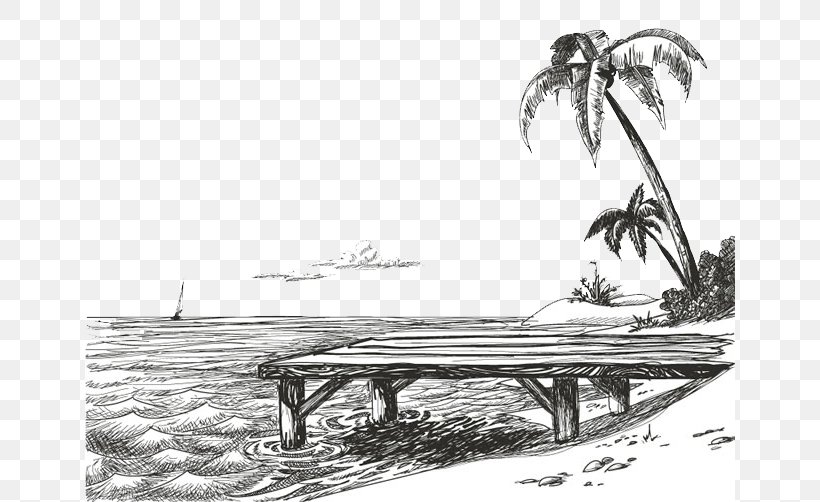 Shore Drawing Beach Sketch, PNG, 650x502px, Shore, Beach, Black And White, Drawing, Mode Of Transport Download Free