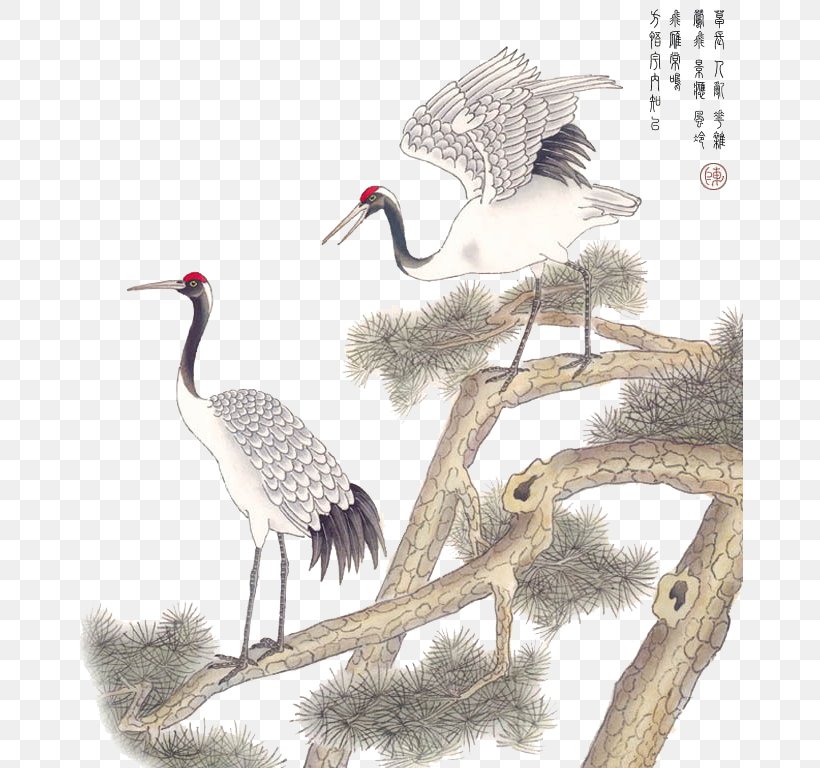 Red-crowned Crane Painting, PNG, 666x768px, Crane, Beak, Bird, Canvas, Canvas Print Download Free