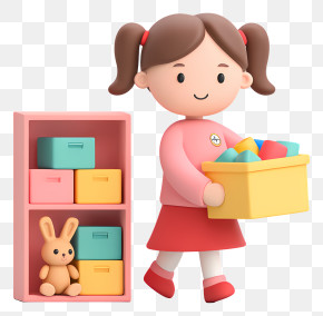 Little Girl Organizing Toys - Cute 3D Toy Girl With Organizer PNG
