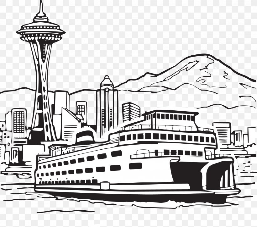 Space Needle Smith Tower Seattleu2013Bainbridge Ferry Clip Art, PNG, 2239x1974px, Space Needle, Black And White, Boat, Boating, Cityscape Download Free