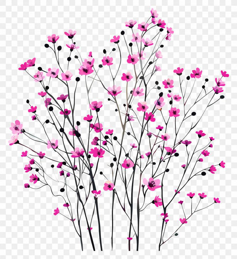 Pink Flowers - Illustration Of Delicate Pink Flowers And Branches PNG