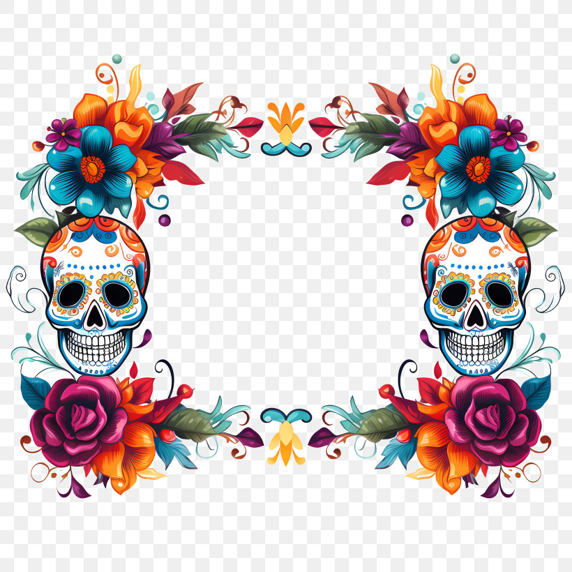 Dia De Muertos Day Of The Dead Sugar Skull And Floral Frame, PNG