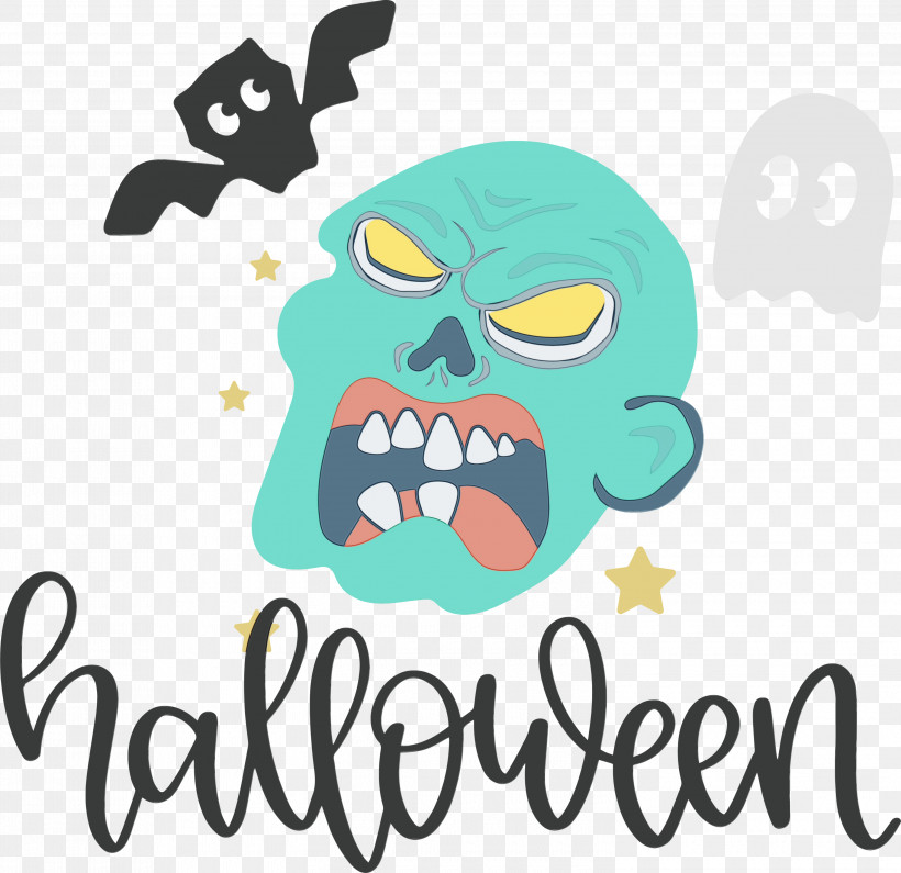 Logo Cartoon Teal Text Line, PNG, 3000x2911px, Happy Halloween, Behavior, Cartoon, Line, Logo Download Free