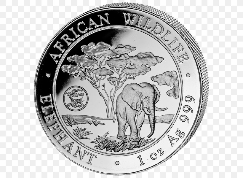 African Elephant Silver Coin Elephantidae, PNG, 600x600px, African Elephant, Africa, Black And White, Bullion, Bullion Coin Download Free