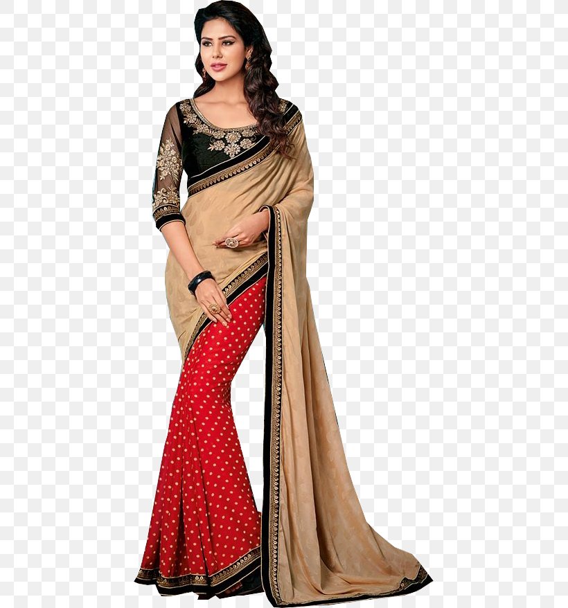 Wedding Sari Georgette Chiffon Fashion, PNG, 433x878px, Sari, Beige, Ceremony, Chiffon, Embroidery Download Free