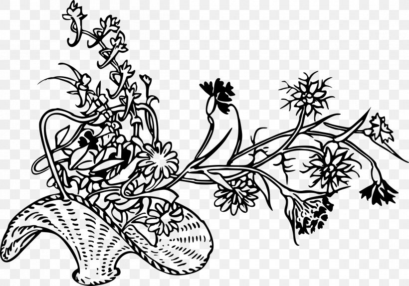 Drawing Basket Flower Coloring Book Clip Art, PNG, 2400x1682px, Drawing, Art, Artwork, Basket, Black And White Download Free