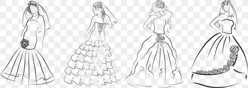 Vector Graphics Wedding Dress Formal Wear Bride Image, PNG, 999x355px, Wedding Dress, Artwork, Black And White, Bride, Clothing Download Free