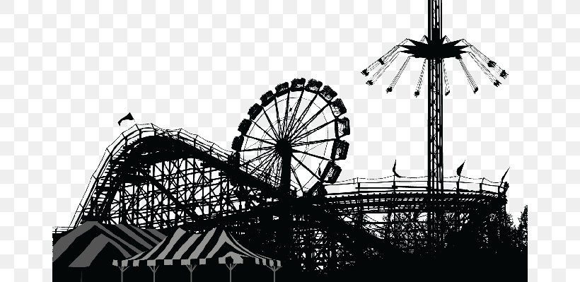 Amusement Park Ferris Wheel Roller Coaster, PNG, 672x399px, Amusement Park, Amusement Ride, Black And White, Building, Carousel Download Free