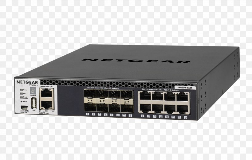 NETGEAR ProSAFE M4300-8X8F Switch Network Switch 10 Gigabit Ethernet Stackable Switch, PNG, 3300x2100px, 10 Gigabit Ethernet, 19inch Rack, Network Switch, Computer Network, Computer Servers Download Free
