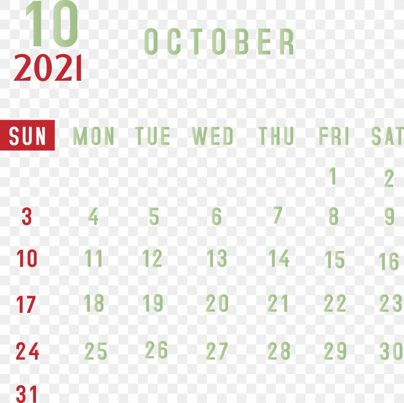 October 2021 Printable Calendar 2021 Monthly Calendar Printable 2021 Monthly Calendar Template, PNG, 3000x2997px, 2021 Monthly Calendar, October 2021 Printable Calendar, Angle, Area, Green Download Free
