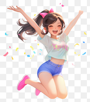 Cheerful Girl Jumping With Confetti PNG