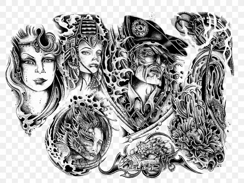 Sleeve Tattoo Flash Drawing Sketch, PNG, 1024x768px, Tattoo, Art, Black And White, Drawing, Fictional Character Download Free