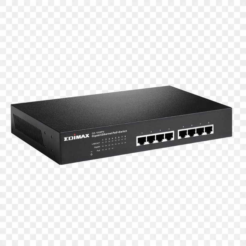 Power Over Ethernet Gigabit Ethernet Network Switch Edimax 8 Ports Gigabit PoE+ Switch Fan-less, PNG, 1000x1000px, Power Over Ethernet, Audio Receiver, Computer Network, Computer Port, Edimax Download Free