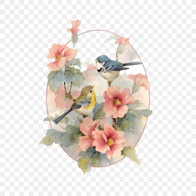 Little Bird on Branch, Chickadee, Pink Flowers, Color Pencil Art, Wildlife  