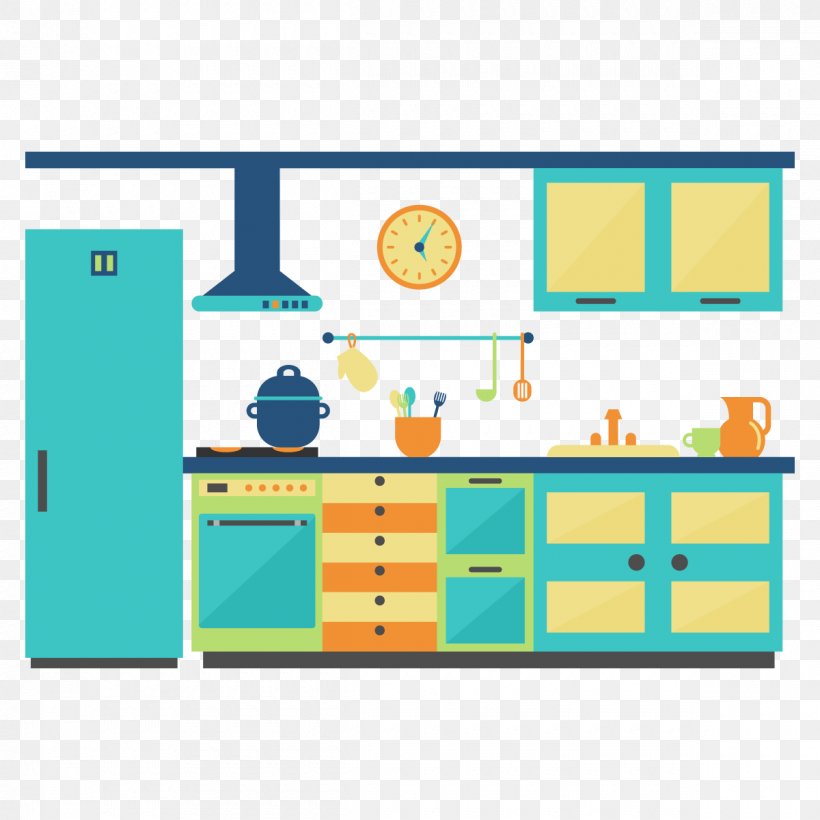Kitchen Cabinet Kitchen Utensil Interior Design Services, PNG, 1200x1200px, Kitchen, Area, Blue, Cupboard, Flat Design Download Free