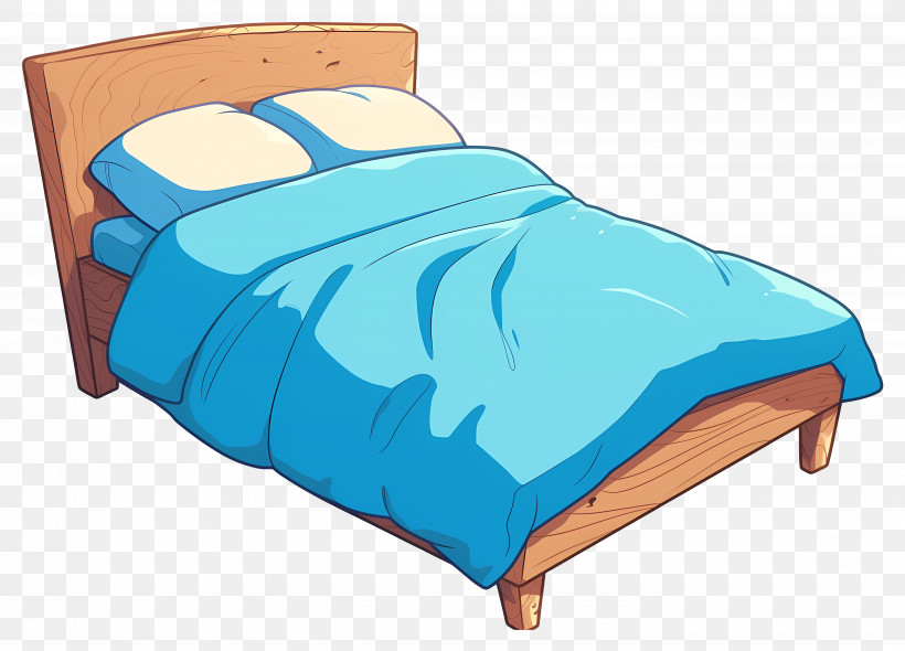 Cartoon Bed - Wooden Bed With Blue Blanket And Pillows PNG