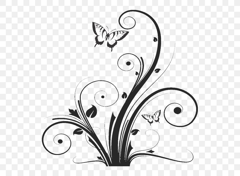 Sticker Drawing Clip Art, PNG, 600x600px, Sticker, Artwork, Black And White, Branch, Butterfly Download Free