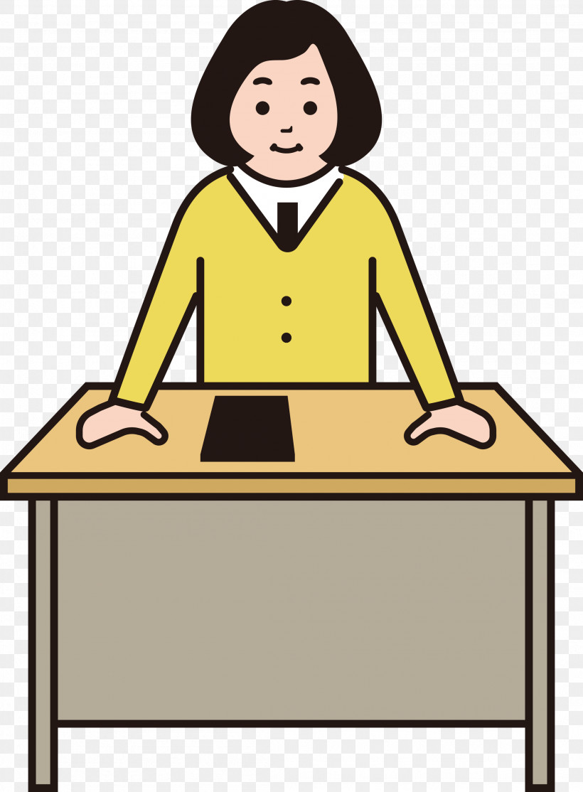 Sitting Furniture Yellow Line Meter, PNG, 2208x3000px, Cartoon Teacher, Behavior, Desk, Education, Female Download Free
