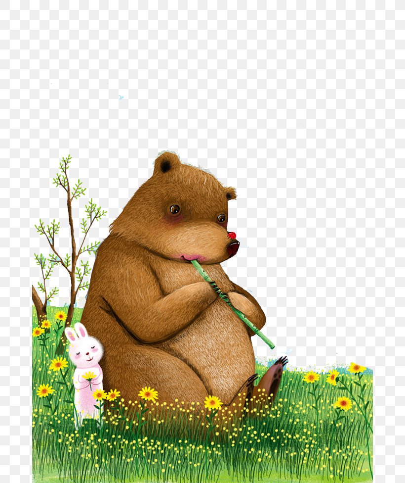 Brown Bear European Rabbit, PNG, 690x976px, Watercolor, Cartoon, Flower, Frame, Heart Download Free
