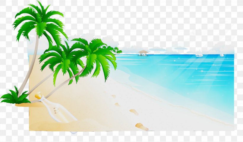 Summer Palm Tree, PNG, 3000x1762px, Watercolor, Aqua, Arecales, Beach, Bed And Breakfast Download Free