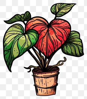 Hand Drawn Valentine Plant - Potted Plant With Heart-shaped Leaves PNG