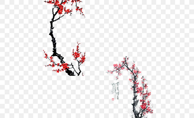 Ink Wash Painting Plum Blossom Chinese Painting Illustration, PNG, 500x500px, Ink Wash Painting, Birdandflower Painting, Blossom, Branch, Cherry Blossom Download Free