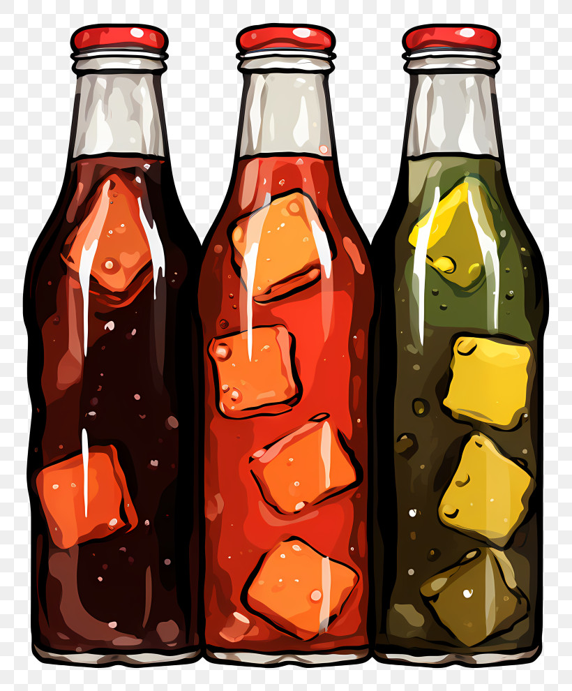 Realistic Soft Drink - Set Of Three Colorful Bottled Beverages With Ice Cubes PNG